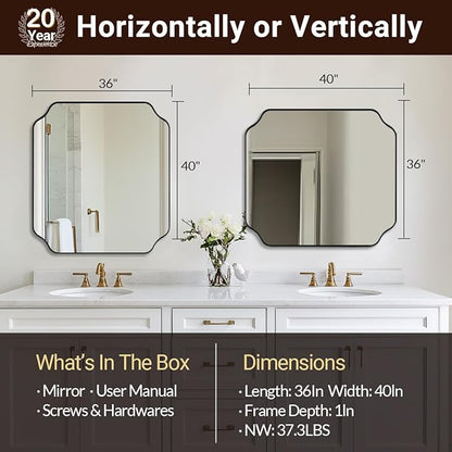 ANDY STAR 36x40 Inch Bathroom Mirror, Large Black Vanity Mirror for Wall, Modern Scalloped Mirror in Premium Stainless Steel Metal Thin Frame, Unique Rounded Notched Corners, Vertically/Horizontally