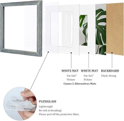 Egofine 8x8 Picture Frame Made of Solid Wood with Plexiglass, Display Pictures 4x4/6x6 with Mat or 8x8 Without Mat Set of 4 for Tabletop and Wall Mounting, Rustic Blue