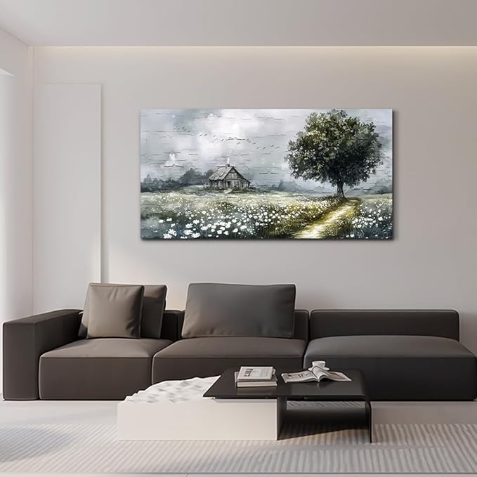 ERQINHUA Gray Canvas Wall Art For Living Room Farmhouse Wall Decor For Bedroom Office Decorations Field scenery Paintings Tree Landscape Wall Pictures Artwork Ready to Hang for Home Decor 20"X40"