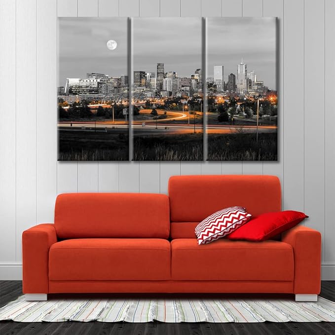 TUMOVO American Cityscape Wall Decor 3 Piece Denver Nighttime Lightscape Art Prints Wall Decor Living Room Beautiful Skyscrapers Skyline House Decor Framed Ready to Hang (36" Wx24 H)