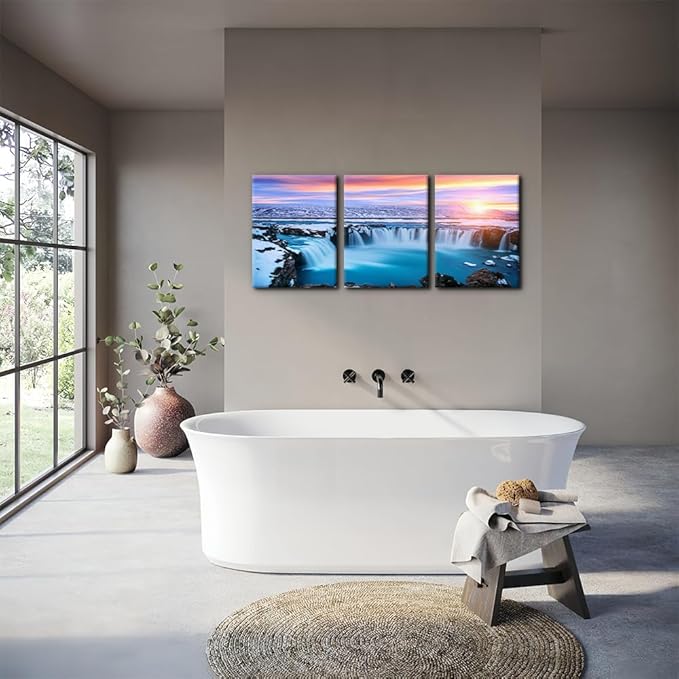 Pacimo 3 Pieces Canvas Wall Art Tropical Waterfall Pastel Sunset Horizon Pictures Prints Nature Landscape Modern Artwork for Walls Painting Home Office Wall Decor Framed Ready to Hang - 12"x16"x3