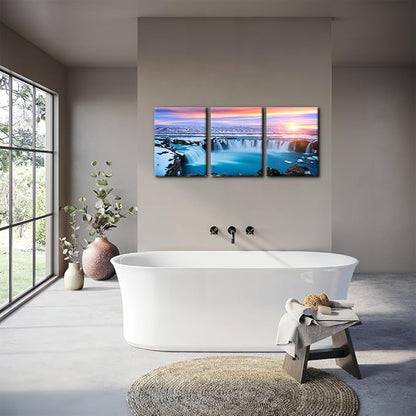 Pacimo 3 Pieces Canvas Wall Art Tropical Waterfall Pastel Sunset Horizon Pictures Prints Nature Landscape Modern Artwork for Walls Painting Home Office Wall Decor Framed Ready to Hang - 12"x16"x3