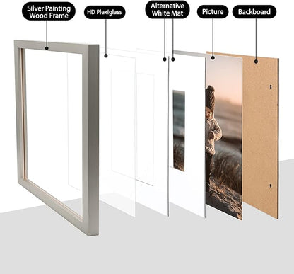 KINLINK 11x14 Picture Frame Light Grey, Solid Wood Frames with Acrylic Plexiglass for Pictures 5x7/8x10 with Mat or 11x14 without Mat,Tabletop and Wall Display Set of 4