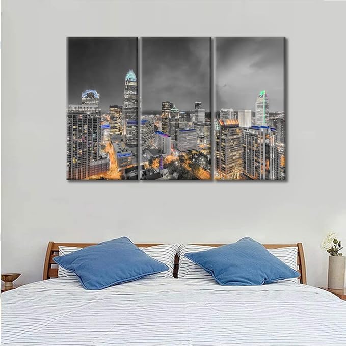 TUMOVO American Cityscape Canvas Paintings Wall Art Charlotte North Carolina Skyline Artwork Pictures Home Decor 3 Pieces Black and White Wall Art Posters and Prints Framed Ready to Hang (42" Wx28 H)