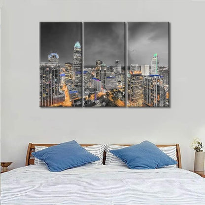 TUMOVO American Cityscape Canvas Paintings Wall Art Charlotte North Carolina Skyline Artwork Pictures Home Decor 3 Pieces Black and White Wall Art Posters and Prints Framed Ready to Hang (42" Wx28 H)
