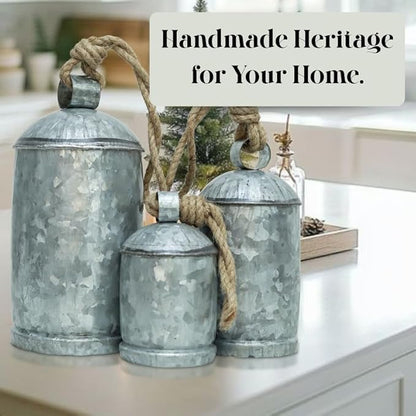 Galvanised Decorative Cow Bells Set of 3 Large Harmony Bells - Vintage Giant Christmas Bells, Cowbells with Jute Rope - XL Hanging Lucky Bells for Farmhouse Decor, Holiday, Home (6"-8"-10")