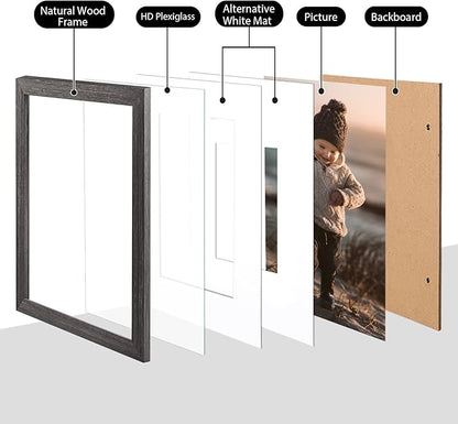 KINLINK 5x7 Picture Frame Ash Black, Solid Wood Frames with Acrylic Plexiglass for 3.5x5/4x6 with Mat or 5x7 without Mat, Tabletop and Wall Display Photo Frame, Set of 4