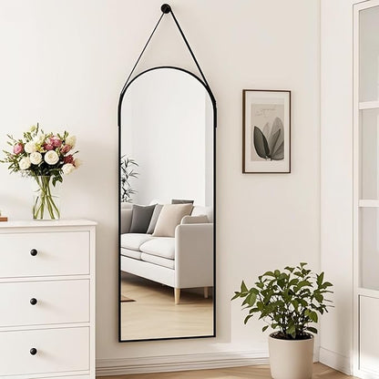 Dewfig 16"x48" Hanging Mirror with Leather Strap,Arched Full Length Mirror with Aluminum Frame Wall-Mounted Hanging Mirrors for Bathroom Vanity Living Room Bedroom Entryway Décor, Black