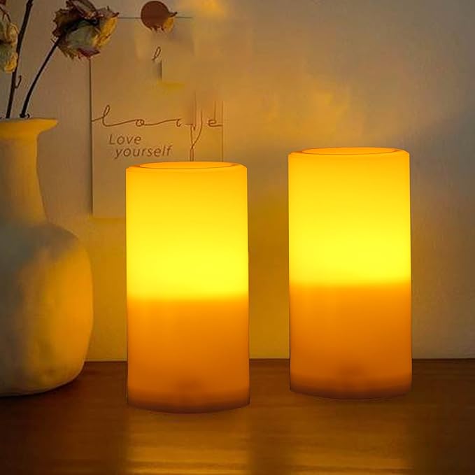 CANDLE CHOICE Outdoor Battery Operated Flameless Candles with Remote Timer Waterproof Flickering Plastic Electric LED Pillar Lights for Lantern Patio Garden Wedding Party Decorations D3”xH6” 2 PCS