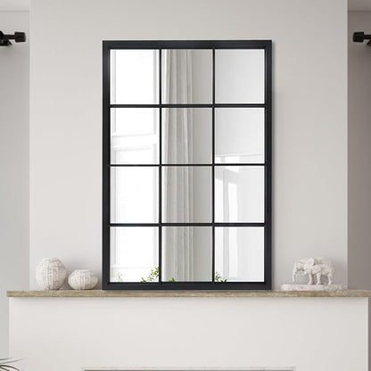 OUSHUAI Balck Rectangle Mirror,Window Pane Grid Mirror,Minimalism Wall Mounted Mirror for Entryway,Hallway,Living Room,Fireplace 24"X36"