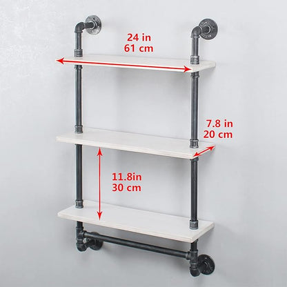 MBQQ Industrial Shelving,Bathroom Shelves with Towel bar,24in Rustic Metal Pipe Floating Shelves Pipe Wall Shelf,3 Tier Industrial Shelf Wall Mounted,Retro White