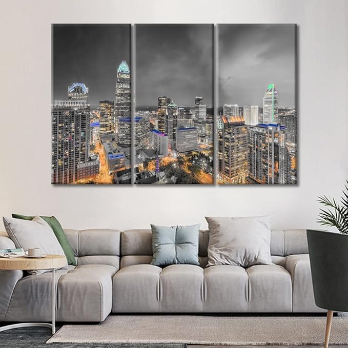 TUMOVO Charlotte North Carolina Skyline Black and White Wall Art 3 Pieces Nighttime Lightscape Bedroom Living Room City Skyline Wall Decor for Living Room Framed Ready to Hang (60" Wx40 H)