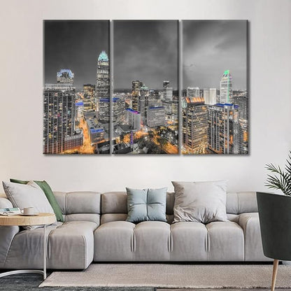 TUMOVO Charlotte North Carolina Skyline Black and White Wall Art 3 Pieces Nighttime Lightscape Bedroom Living Room City Skyline Wall Decor for Living Room Framed Ready to Hang (60" Wx40 H)