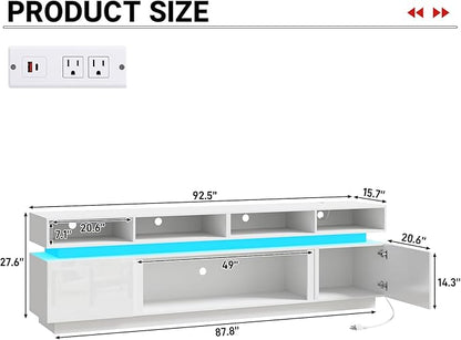 chartustriable LED TV Stand for 100 Inch TV, Modern Tall Entertainment Center with Power Outlets, High Gloss TV Stand, Gaming TV Media Console for Living Room, 93 Inch, White