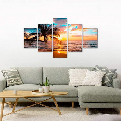 Yatsen Bridge Beaches Wall Art 5 Piece Set Sunset Poster Ocean Art Modern Seascape Pictures HD Print on Canvas Home Office Decor Framed Ready to Hang - 60''W x 40''H