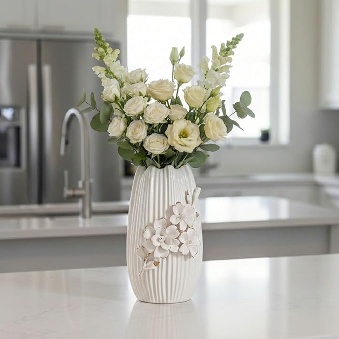 White Ceramic Vase - 9 Inch 3D Modern Vase for Centerpieces, Minimalist Decorative Vases Home Decor, Bathroom, Shelf, Kitchen, Living Room, Table Decor
