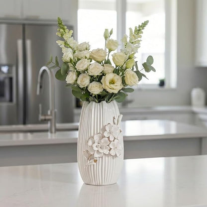 White Ceramic Vase - 9 Inch 3D Modern Vase for Centerpieces, Minimalist Decorative Vases Home Decor, Bathroom, Shelf, Kitchen, Living Room, Table Decor