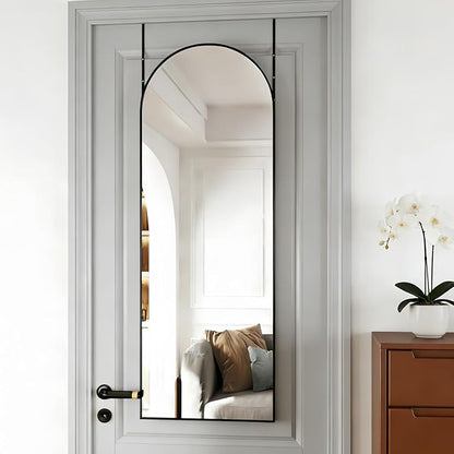 Dewfig Door Mirror with Stand, Arched Full Length Mirrors Over The Door, 16"x 50" Hanging or Wall Mirror, Full Body Mirrors for Bedroom,Living Room,Black
