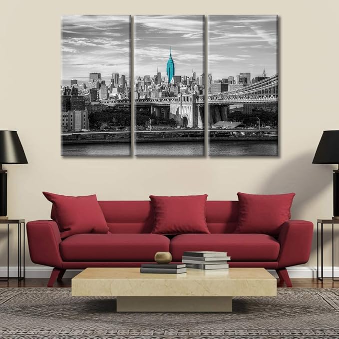 TUMOVO American Brooklyn Bridge Cityscape Wall Decor Posters and Prints 3 Panels New York Skyscrapers Pictures Wall Decor for Bedroom City Skyline Art Prints Framed Ready to Hang (42" Wx28 H)