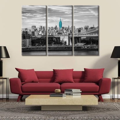TUMOVO American Brooklyn Bridge Cityscape Wall Decor Posters and Prints 3 Panels New York Skyscrapers Pictures Wall Decor for Bedroom City Skyline Art Prints Framed Ready to Hang (42" Wx28 H)