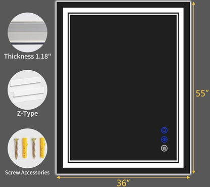 55"x36" LED Bathroom Mirror with Anti-Fog, Stepless Dimmable Lights, 3 Color Modes, Shatter-Proof Tempered Glass,Waterproof Design
