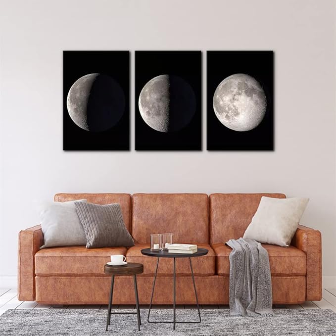 Pacimo Moon Canvas Prints Wall Art Space Pictures Paintings Modern Gallery Wrapped Black and White Abstract Sky Giclee Artwork for Living Room Bedroom Home Office Decor Ready to Hang - 16"x24"x3 Panel