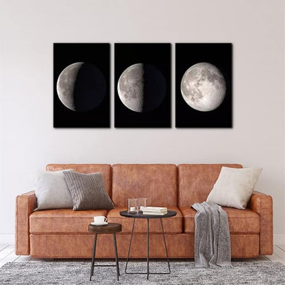 Pacimo Moon Canvas Prints Wall Art Space Pictures Paintings Modern Gallery Wrapped Black and White Abstract Sky Giclee Artwork for Living Room Bedroom Home Office Decor Ready to Hang - 16"x24"x3 Panel