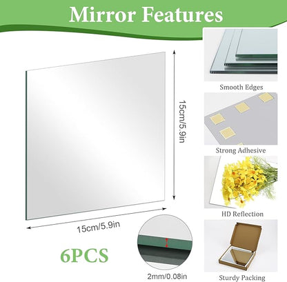 6Pcs Glass Wall Mirror Tiles 6 x 6 x 0.08'' Thick Square Mirror Sheets with Adhesive Stickers for Home Gym, Bedroom, Door, Bathroom, Entryway, Wall Decor