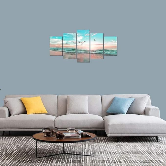 EPHANY Abstract Ocean Beach Wall Art - Blue Sea Landscape, Office Wall Decor, 5pcs (40"x20")