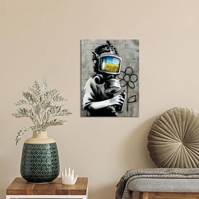 Yatsen Bridge Classic BANKSY Canvas Sunflower Field Mask Wall Art Print Street Graffiti Printable Painting Home Decor Posters Stretched and Framed Ready to Hang - 12x16 inch
