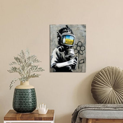 Yatsen Bridge Classic BANKSY Canvas Sunflower Field Mask Wall Art Print Street Graffiti Printable Painting Home Decor Posters Stretched and Framed Ready to Hang - 12x16 inch