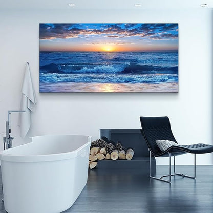 Wapluam Large Canvas Wall Art For Office Farmhouse Living Room Ocean Beach Wall Paintings Blue Sea View Wave Wall Pictures Framed Prints Artwork Modern Bedroom Home Decor 30"X 60"