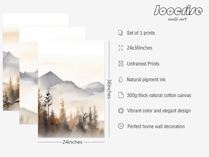 Neutral Mountain Wall Art Decor Set of 3 Forest Canvas Wall Art Poster Landscape Wall Art Artwork Modern Pictures Abstract Painting Watercolor Prints for Living Room Bedroom 24x36 Inch Unframed