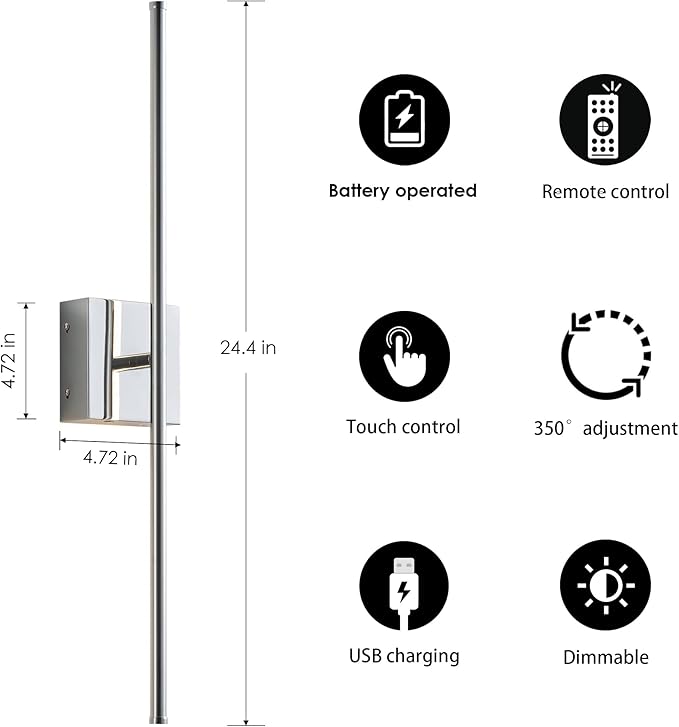 KARTOOSH Battery Operated Wall Sconces with Remote Control, Dimmable Wall Sconces Set of Two, 350°Rotate, 3000K LED Chrome Wireless Wall Light for Living Room, Hallway, Bedroom, 24.4 Inch (2 Pack)