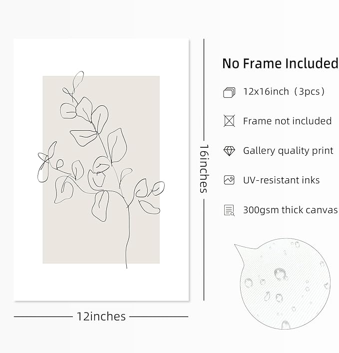 Neutral Botanical Prints Wall Art Flower Minimalist Canvas Wall Decor Vintage Line Wall Art Floral Plant Painting Pictures Beige Boho Artwork Farmhouse Poster for Bedroom 12x16 Inch Unframed Set of 3