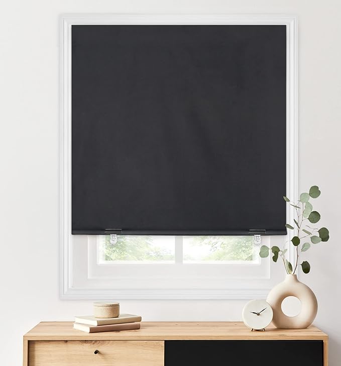 LazBlinds 100% Blackout Roller Shades, No Tools No Drill Cordless Blinds for Windows, Thermal Insulated UV Protection Privacy Window Shades for Bedroom (48''W x 72''H, Black)