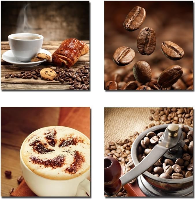 Wieco Art Warm Coffee Giclee Canvas Prints Wall Art Brown Bean Cup Pictures Paintings for Dining Room Kitchen Bar Home Decorations 4 Piece Large Modern Stretched and Framed Contemporary