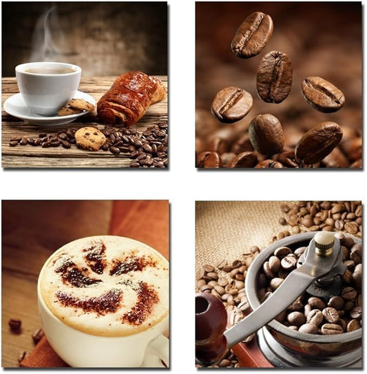 Wieco Art Warm Coffee Giclee Canvas Prints Wall Art Brown Bean Cup Pictures Paintings for Dining Room Kitchen Bar Home Decorations 4 Piece Large Modern Stretched and Framed Contemporary