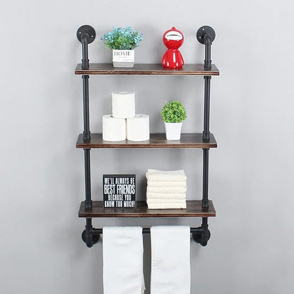 MBQQ Iron Pipe Shelves Industrial Bathroom Shelves with Towel bar,24in Rustic Metal Pipe Floating Shelves Pipe Wall Shelf,3 Tier Industrial Shelf Wall Mounted,Retro Black