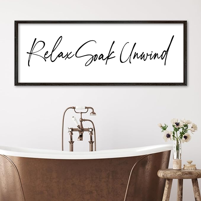 Relax Soak Unwind Wall Decor Art 32"X12" Bathroom Sign Shower Room above the Bathtub Large Wood Framed Wall Hanging (Black)