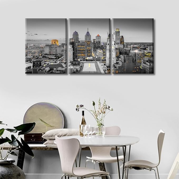 TUMOVO Philadelphia Pennsylvania City Skyline Wall Art for Living Room 3 Piece City Skyscrapers Skyline Landscape Wall Decor Living Room Stretched and Framed Ready to Hang (36" Wx16 H)
