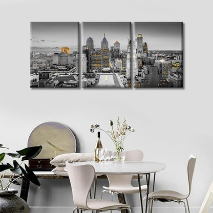 TUMOVO Philadelphia Pennsylvania City Skyline Wall Art for Living Room 3 Piece City Skyscrapers Skyline Landscape Wall Decor Living Room Stretched and Framed Ready to Hang (36" Wx16 H)