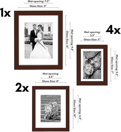 Americanflat Set of 7 Picture Frames with Shatter-Resistant Glass - Gallery Wall Frame Set with One 11x14, Two 8x10 and Four 5x7 Frames - Signature Collection - Mahogany