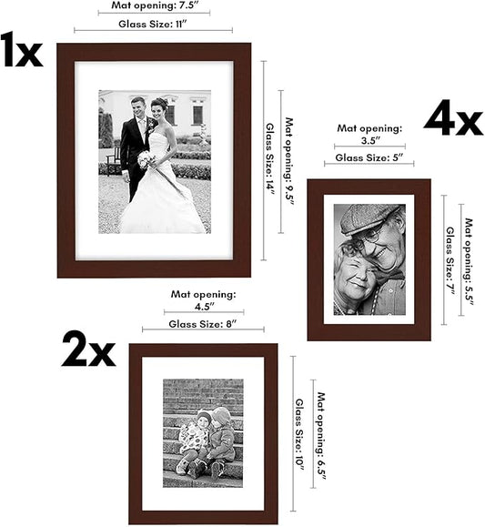 Americanflat Set of 7 Picture Frames with Shatter-Resistant Glass - Gallery Wall Frame Set with One 11x14, Two 8x10 and Four 5x7 Frames - Signature Collection - Mahogany