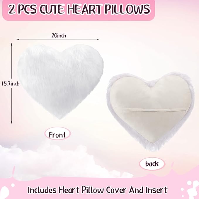 Enhon 2 Pcs Fluffy Heart Pillows Faux Fur Heart Shaped Plush Pillow Soft 20 x 15.7 Inch Love Throw Pillows with Insert for Decorative Office Home Bedroom Living Room Sofa(White)