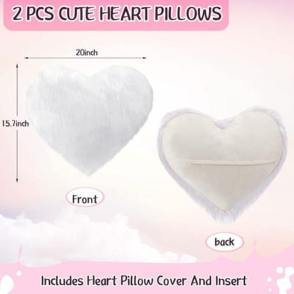 Enhon 2 Pcs Fluffy Heart Pillows Faux Fur Heart Shaped Plush Pillow Soft 20 x 15.7 Inch Love Throw Pillows with Insert for Decorative Office Home Bedroom Living Room Sofa(White)
