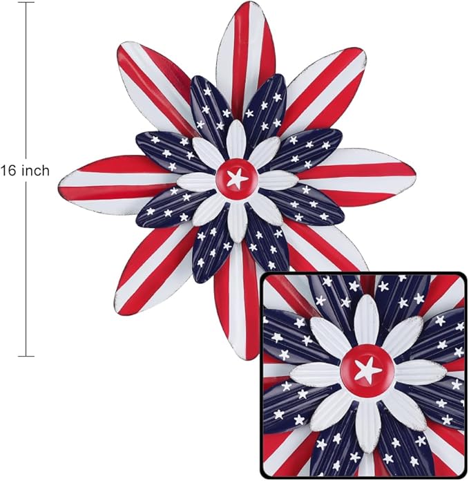 hogardeck 4th of July Decorations Outdoor, 16 inch Red White and Blue Metal Flower Wall Art for Fourth of July Decor, Patriotic Decorations for Yard Garden Home Indoor Mantel