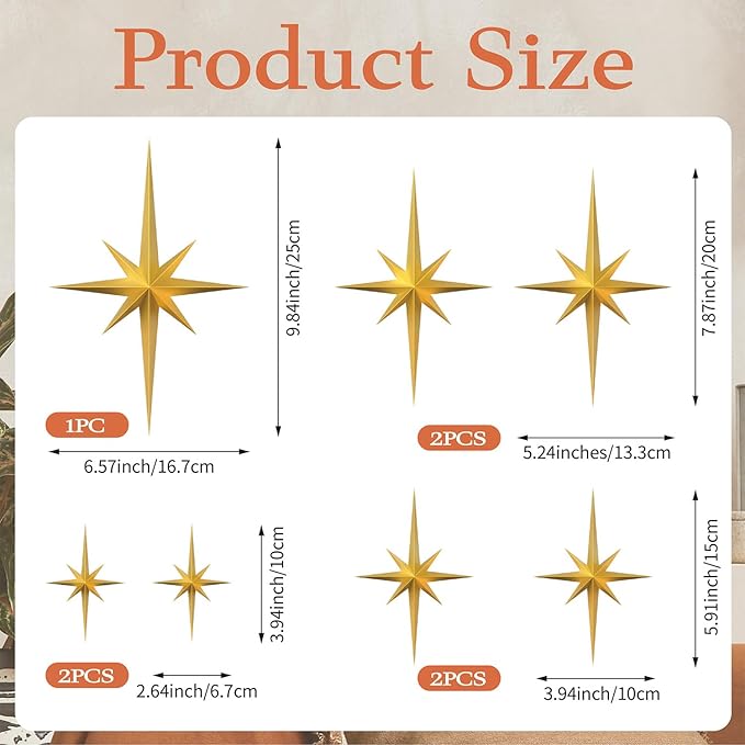 MidModArt 7PCS Mid Century Modern 3D Star Wall Art Gold Retro Starburst Sculptures Vintage Celestial Home Decor, Gold Starburst