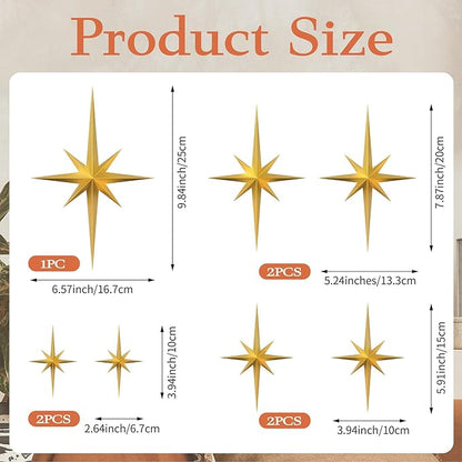 MidModArt 7PCS Mid Century Modern 3D Star Wall Art Gold Retro Starburst Sculptures Vintage Celestial Home Decor, Gold Starburst