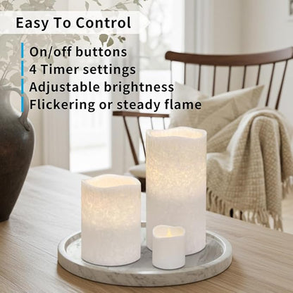 FURORA LIGHTING White Crystallized Flameless Candles - Real Wax, Adjustable Brightness, Remote & Timer - 4 Pillars (3x4, 3x6) and 4 Votives, 8-Pack, Battery Operated